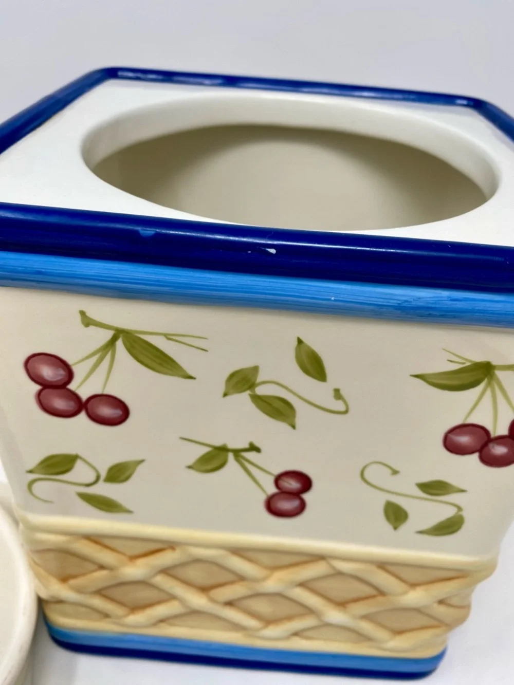 Ceramic Cherry Canister with Blue Trim